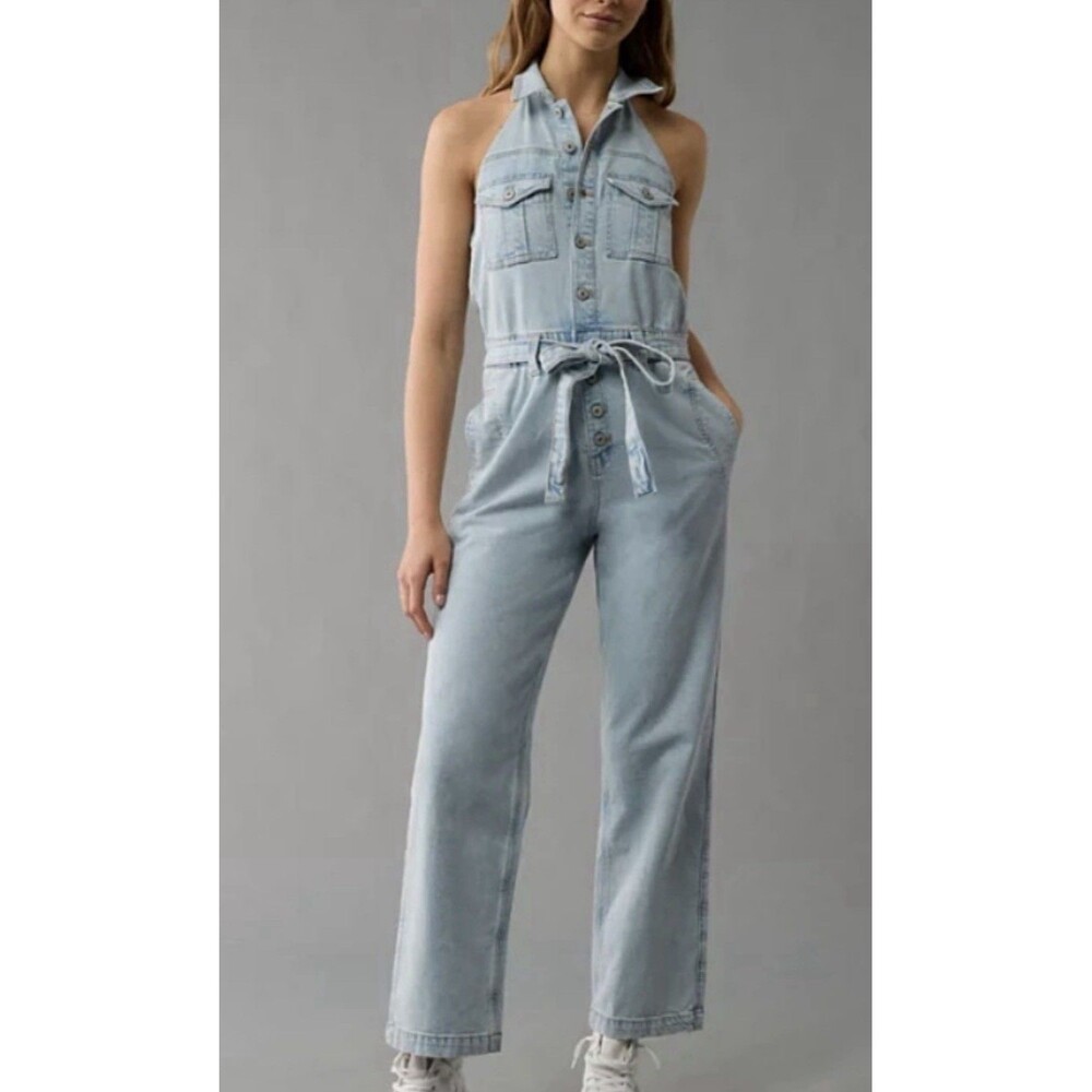 American Eagle AE M Denim Jean Collared Halter Neck Sleeveless Jumpsuit No Belt